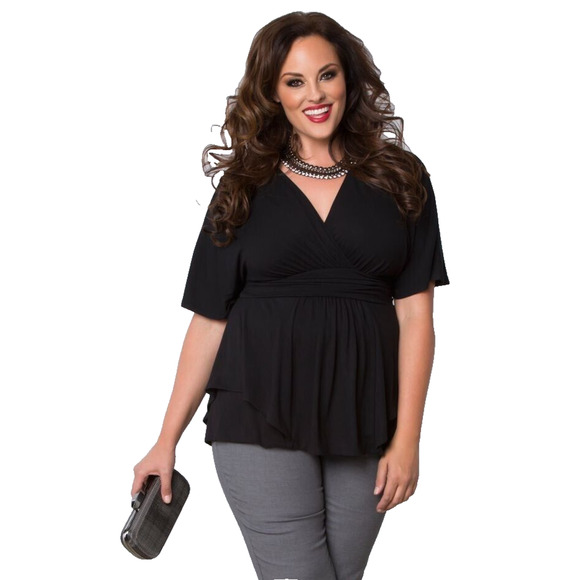 Kiyonna Top Promenade Style 1X Black Flutter Sleeves Empire Waistline Slimming - Picture 2 of 10